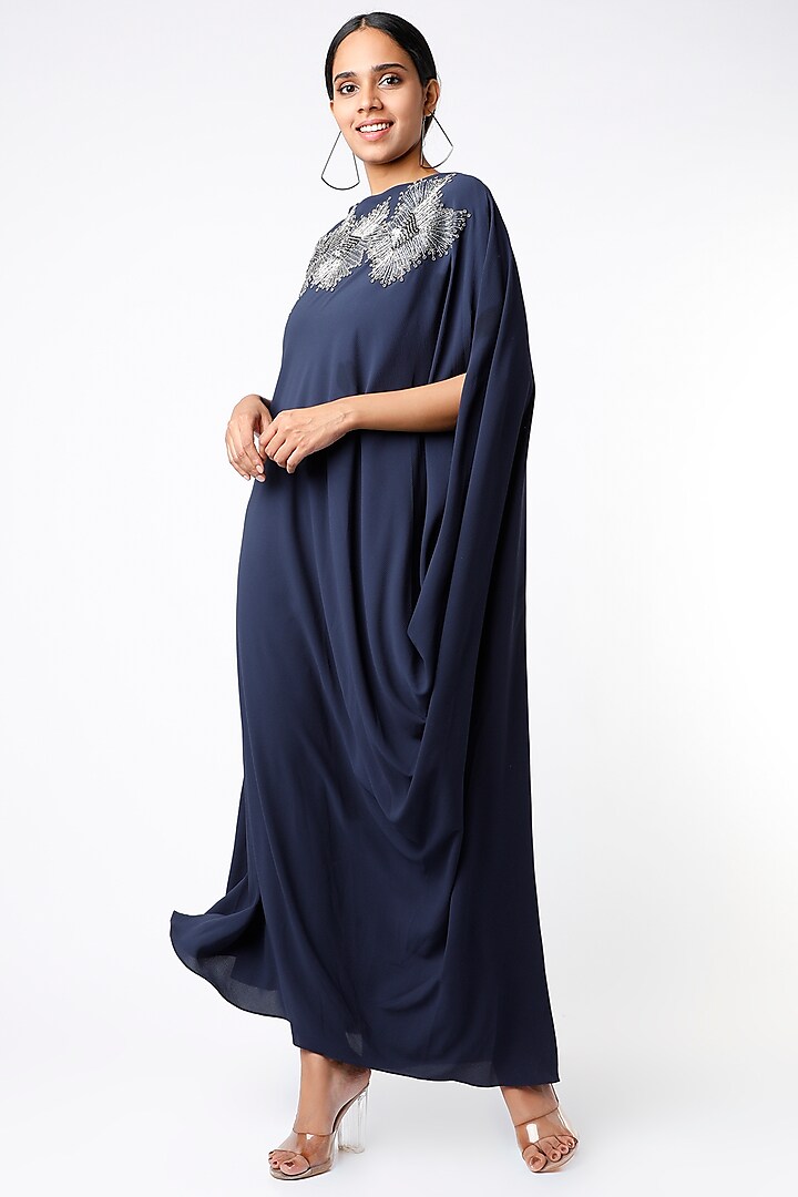 Midnight Blue Embroidered Draped Dress by July