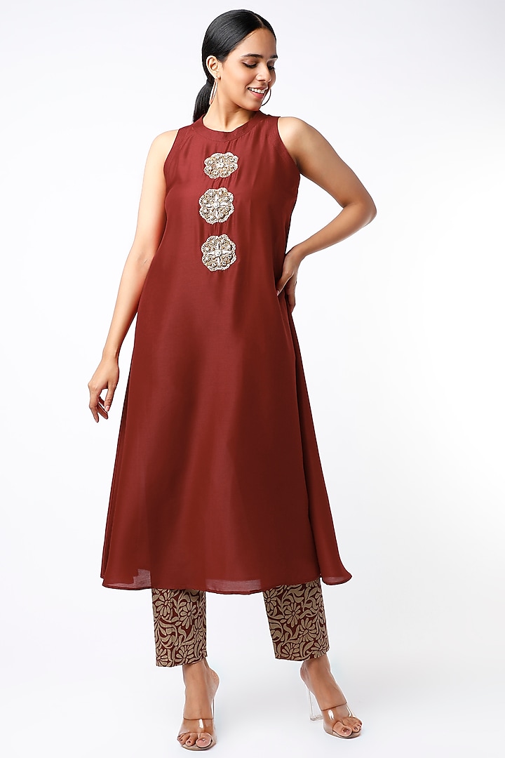 Red Embroidered Kurta Set by July