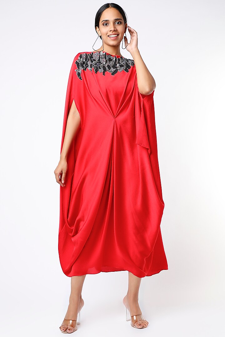 Red Embroidered Draped Dress by July
