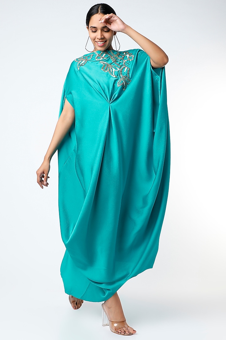 Turquoise Embroidered Draped Dress by July