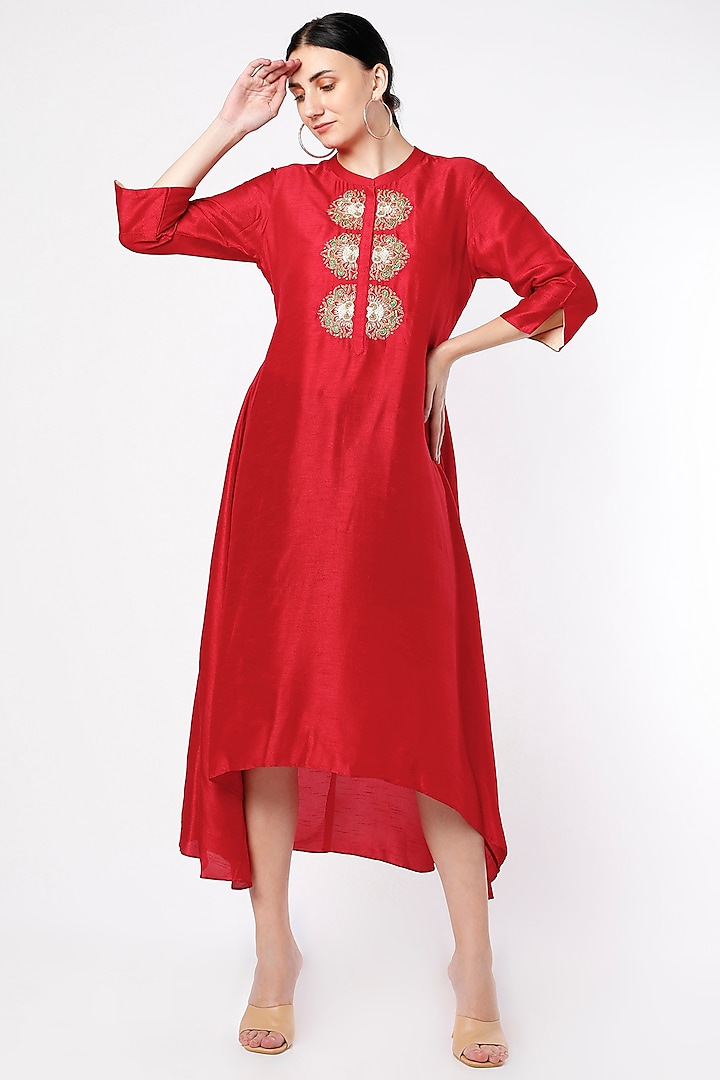 Lava Red Hand Embroidered High-Low Kurta by July