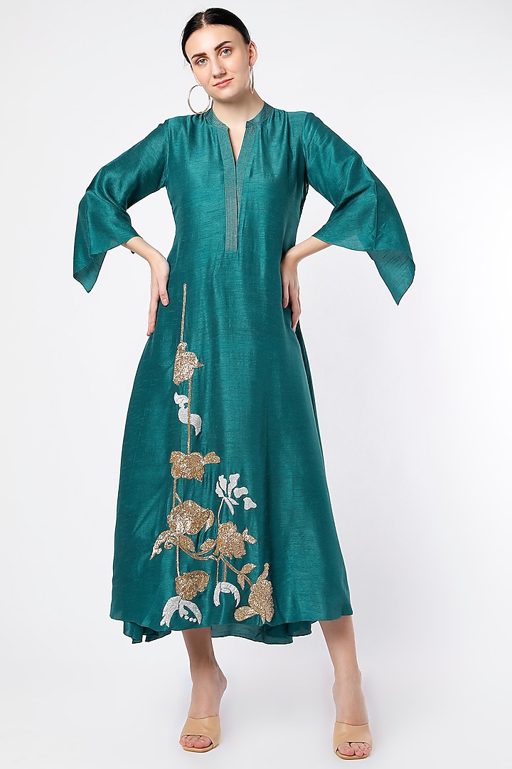 Deep Turquoise Hand Embroidered Kurta by July