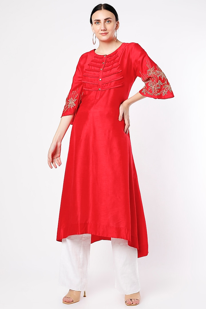 Lava Red Hand Embroidered Asymmetrical Kurta by July