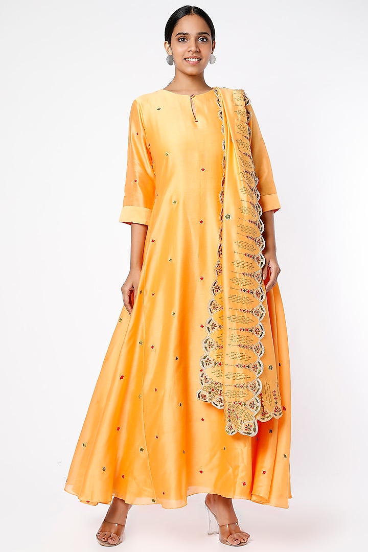 Yellow Hand Embroidered Anarkali Set by July