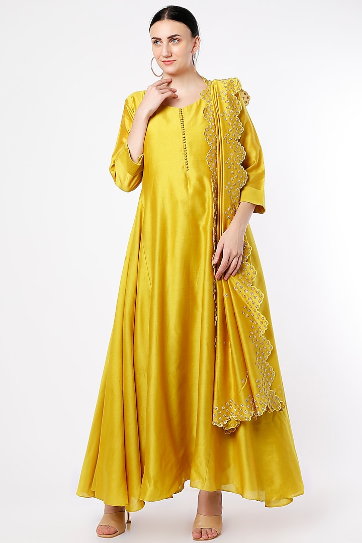 Dandelion Yellow Chanderi Anarkali Set by July