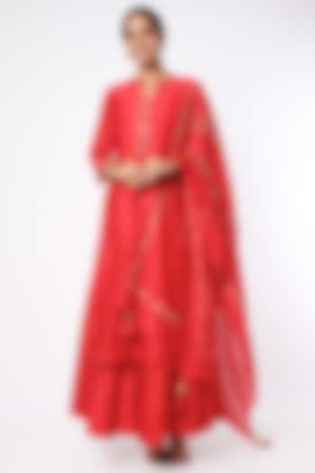 Coral Red Chanderi Hand Embroidered Kurta Set by July
