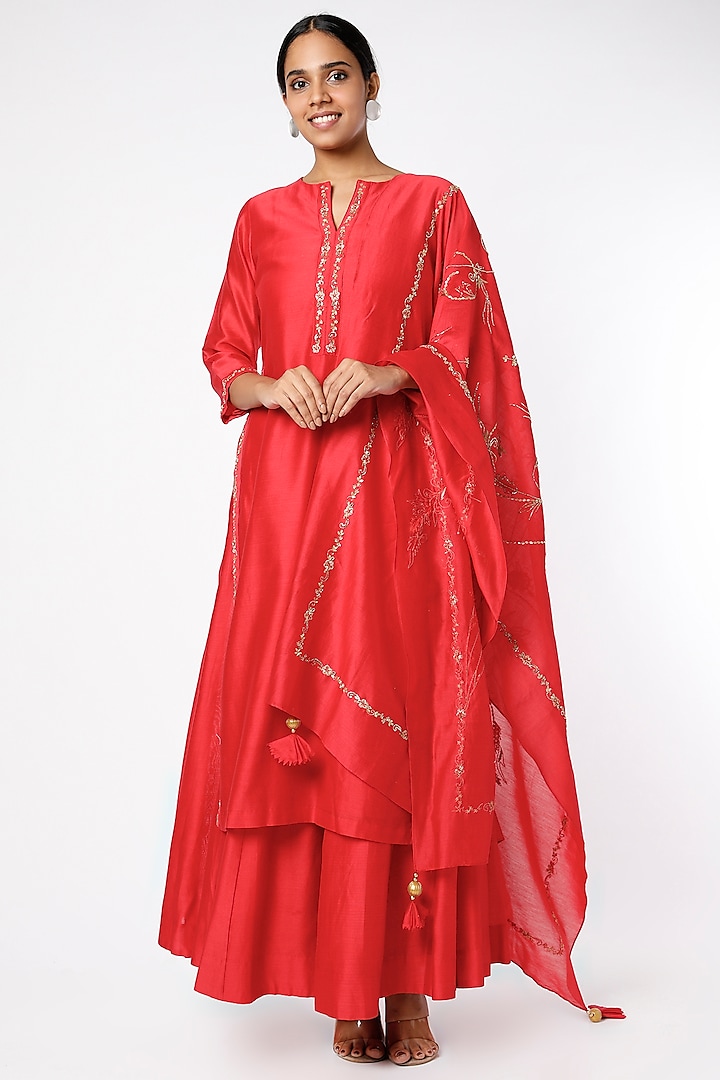 Coral Red Chanderi Hand Embroidered Kurta Set by July