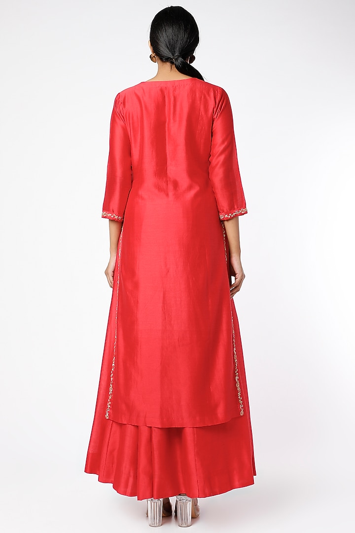 Coral Red Chanderi Hand Embroidered Kurta Set by July at Pernia's Pop Up Shop
