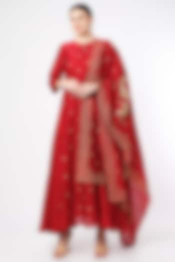 Fiery Red Hand Embroidered Anarkali Set by July