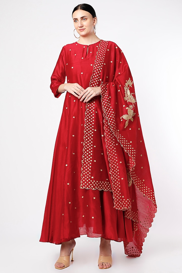 Fiery Red Hand Embroidered Anarkali Set by July