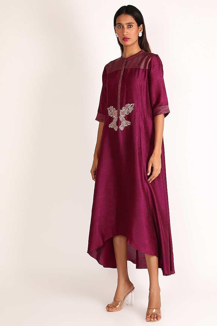 Wine Embroidered High-Low Tunic For Girls by July - Kids