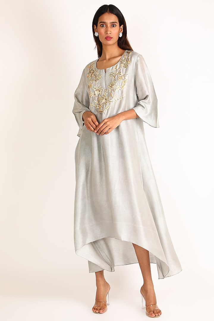 Grey Embroidered High-Low Tunic For Girls by July - Kids