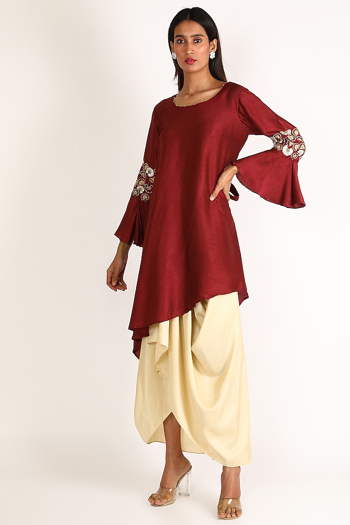 Red Embroidered High-Low Tunic For Girls by July - Kids