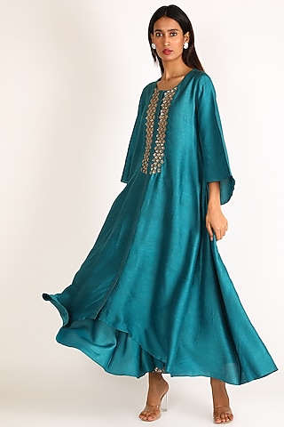 Cobalt Blue Embroidered Tunic Set For Girls by July - Kids