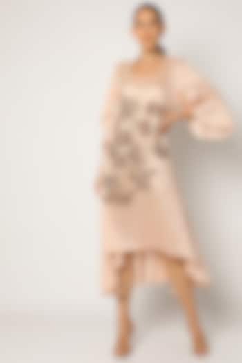 Light Beige Embroidered Asymmetrical Tunic For Girls by July - Kids