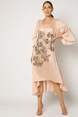Light Beige Embroidered Asymmetrical Tunic For Girls by July - Kids