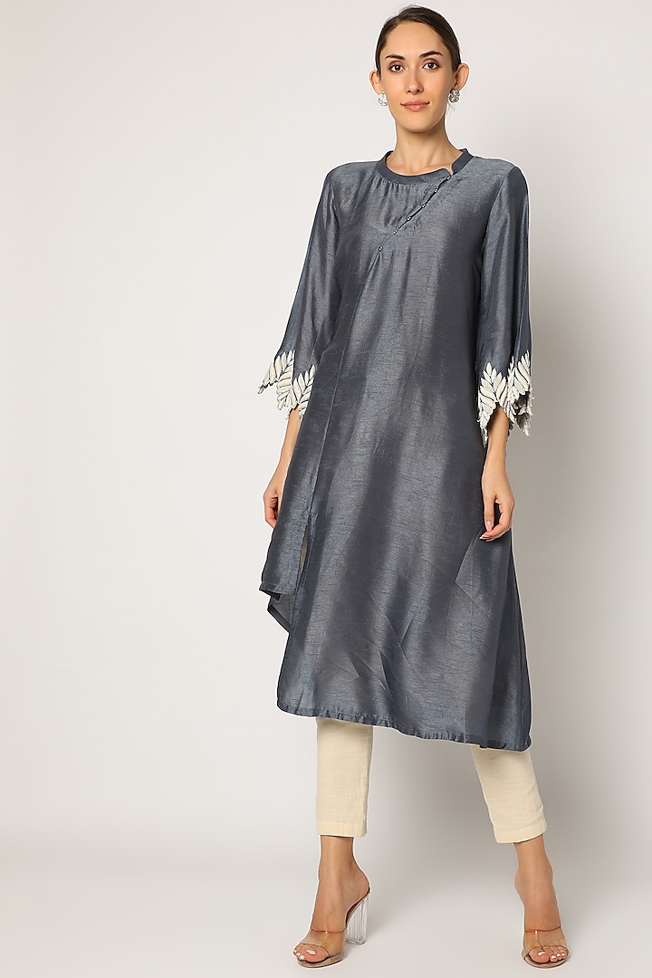 Grey Embroidered Asymmetrical Tunic For Girls by July - Kids