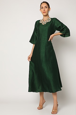 Bottle Green Embroidered Long Kurta For Girls by July - Kids