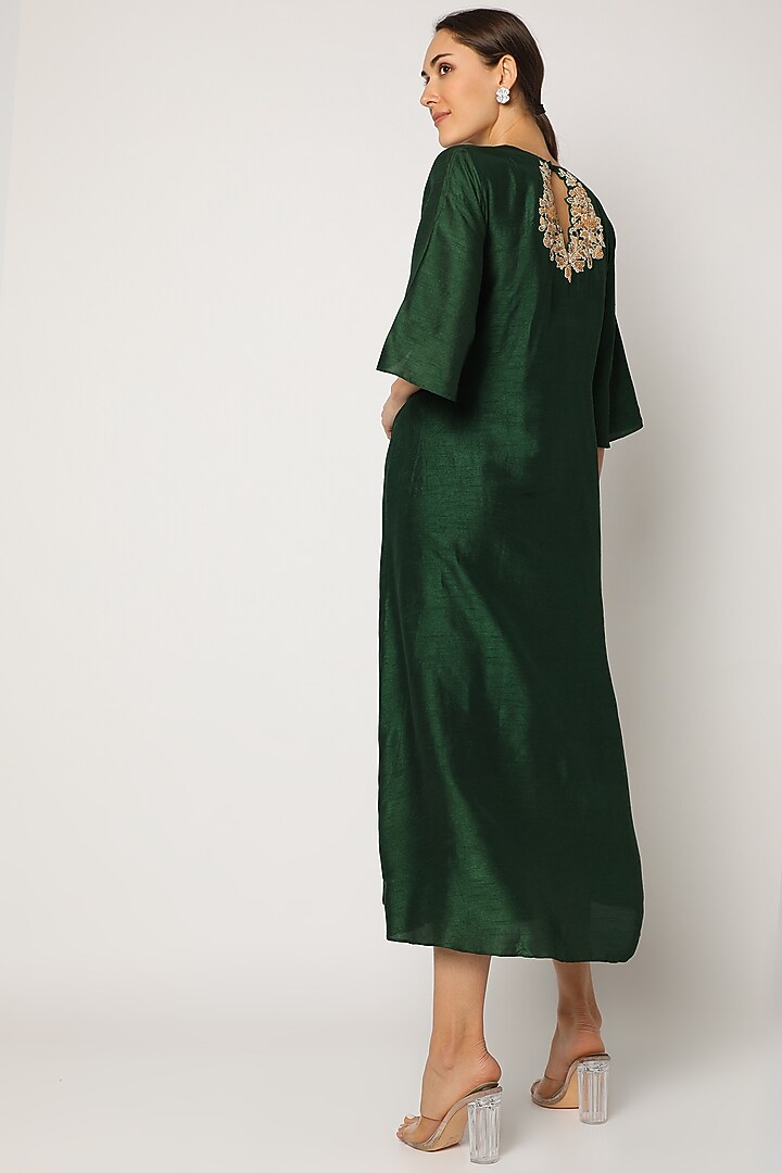 Bottle Green Embroidered Long Kurta For Girls by July - Kids at Pernia's Pop Up Shop