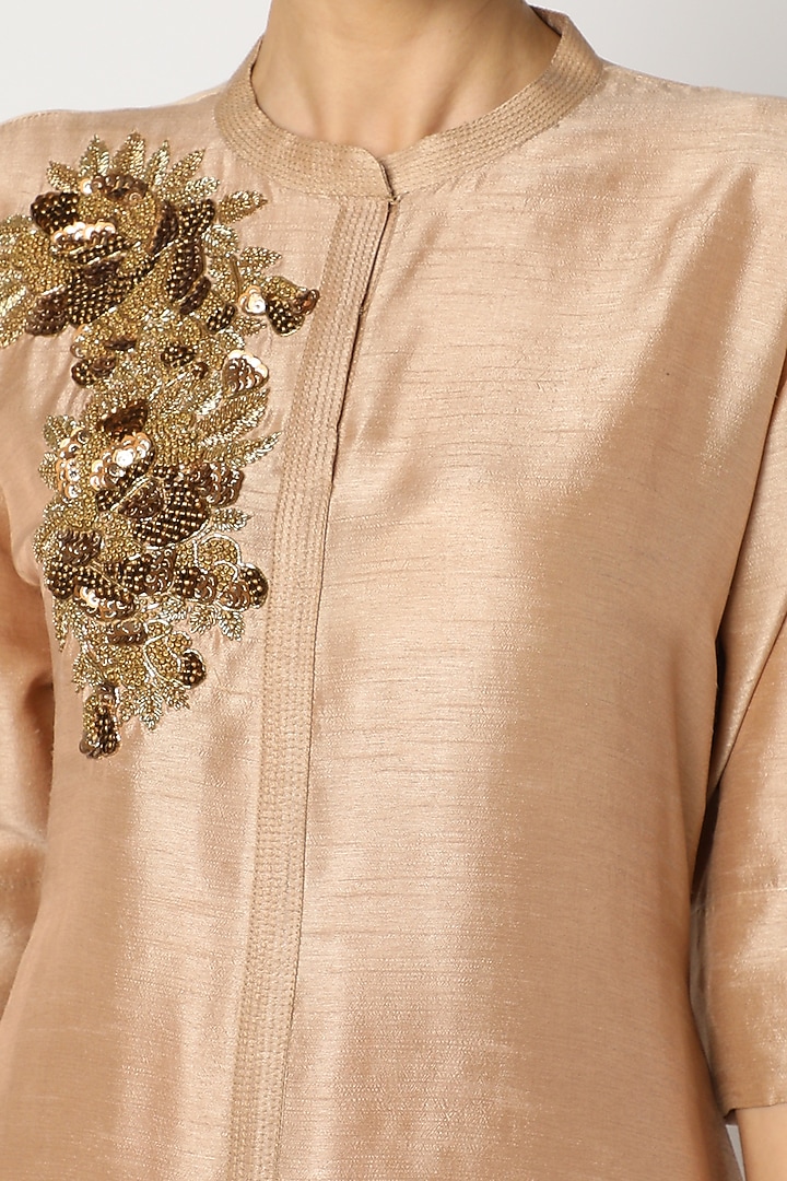 Light Brown Embroidered Asymmetrical Tunic For Girls by July - Kids at Pernia's Pop Up Shop