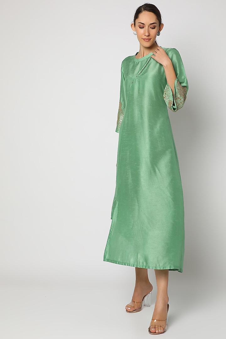 Light Green Embroidered Asymmetrical Tunic For Girls by July - Kids
