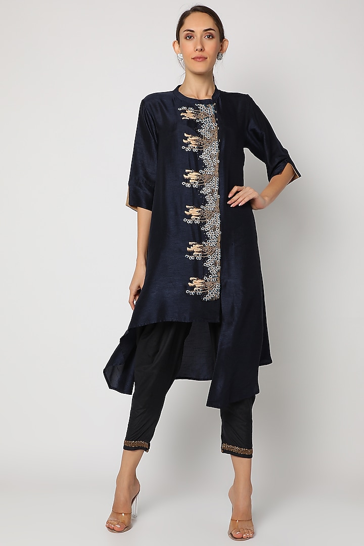 Blue Embroidered Asymmetrical Kurta For Girls by July - Kids
