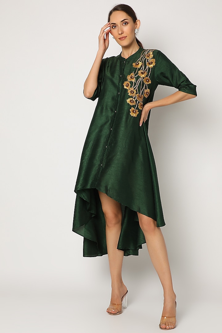 Bottle Green Gota Embroidered Asymmetrical Tunic For Girls by July - Kids