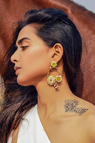 Gold Plated Butterfly & Roses Enameled Chandbali Earrings by Jewellery by Astha Jagwani