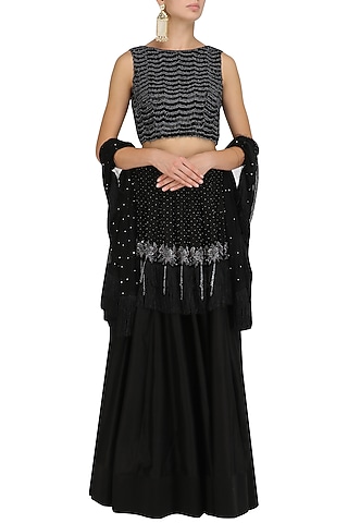 Black Pearl Embroidered Blouse and Lehenga Skirt Set by J by Jannat