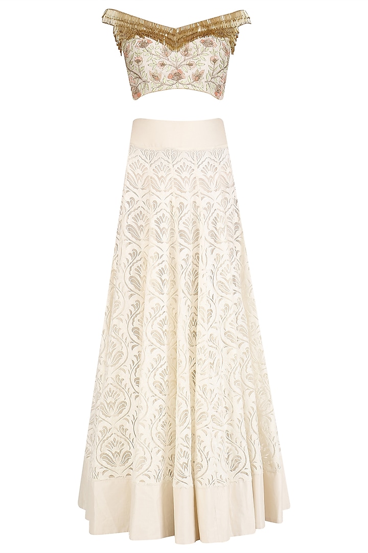 Ivory Tassel Embroidered Crop Top and Skirt Set by J by Jannat
