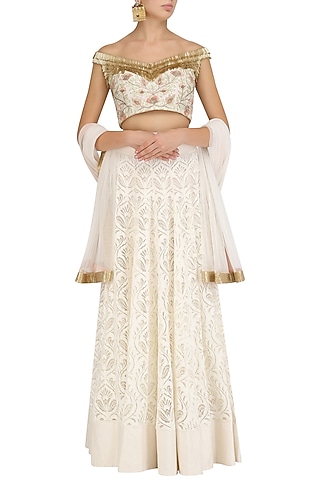 Ivory Tassel Embroidered Crop Top and Skirt Set by J by Jannat