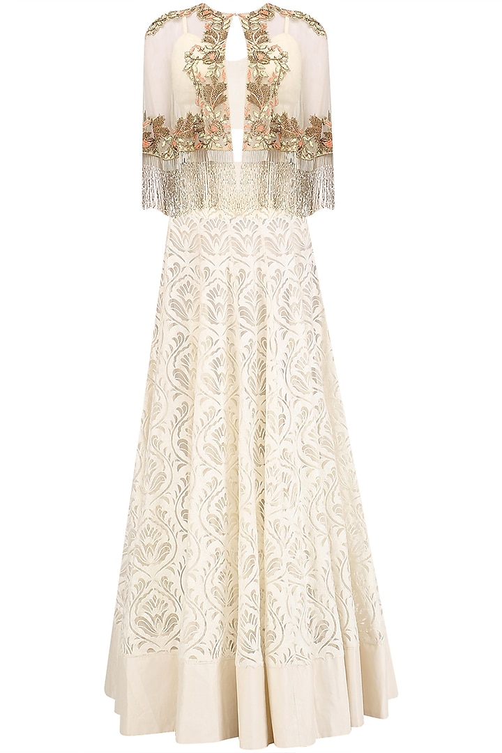 Ivory Floral Embroidered Cape and Skirt Set by J by Jannat
