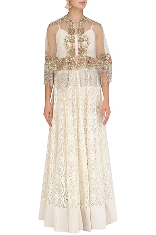 Ivory Floral Embroidered Cape and Skirt Set by J by Jannat