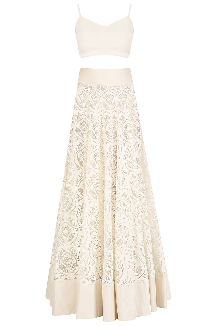 Ivory floral embroidered cape and peach skirt set available only at Pernia's Pop Up Shop.
