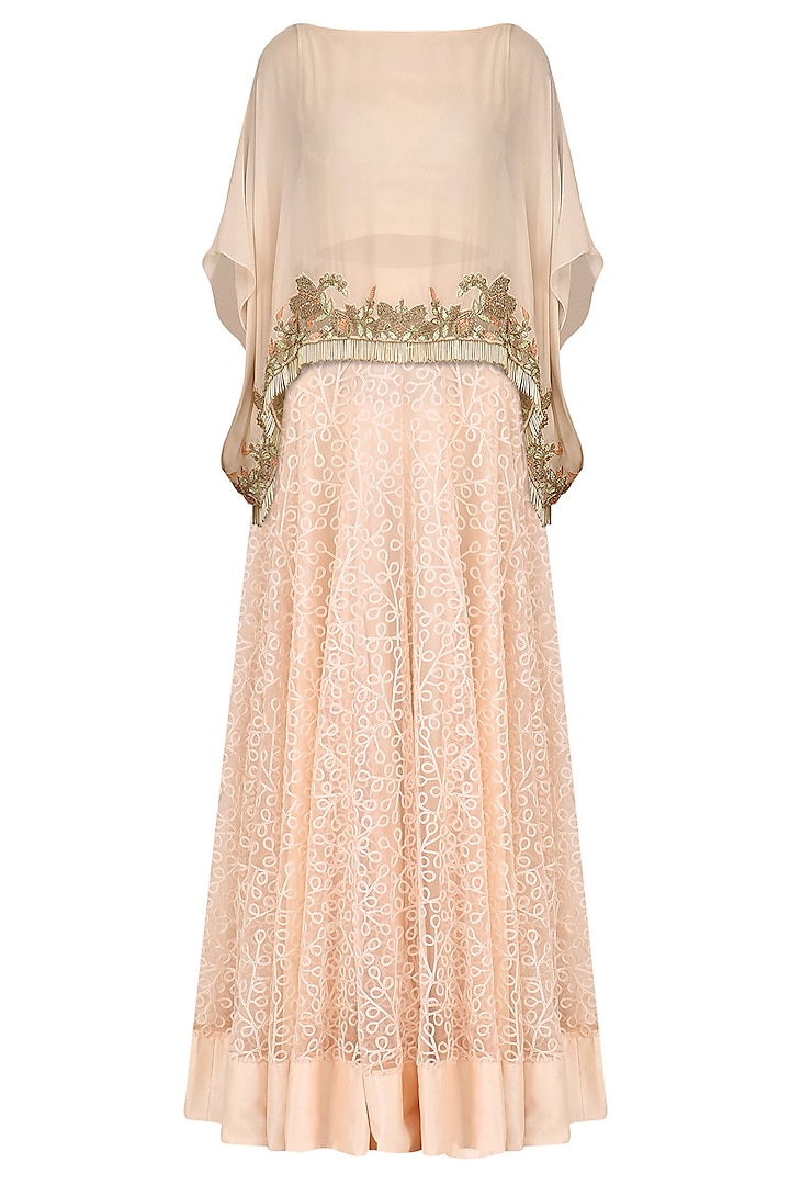 Peach Floral Embroidered Cape and Lehenga Skirt Set by J by Jannat