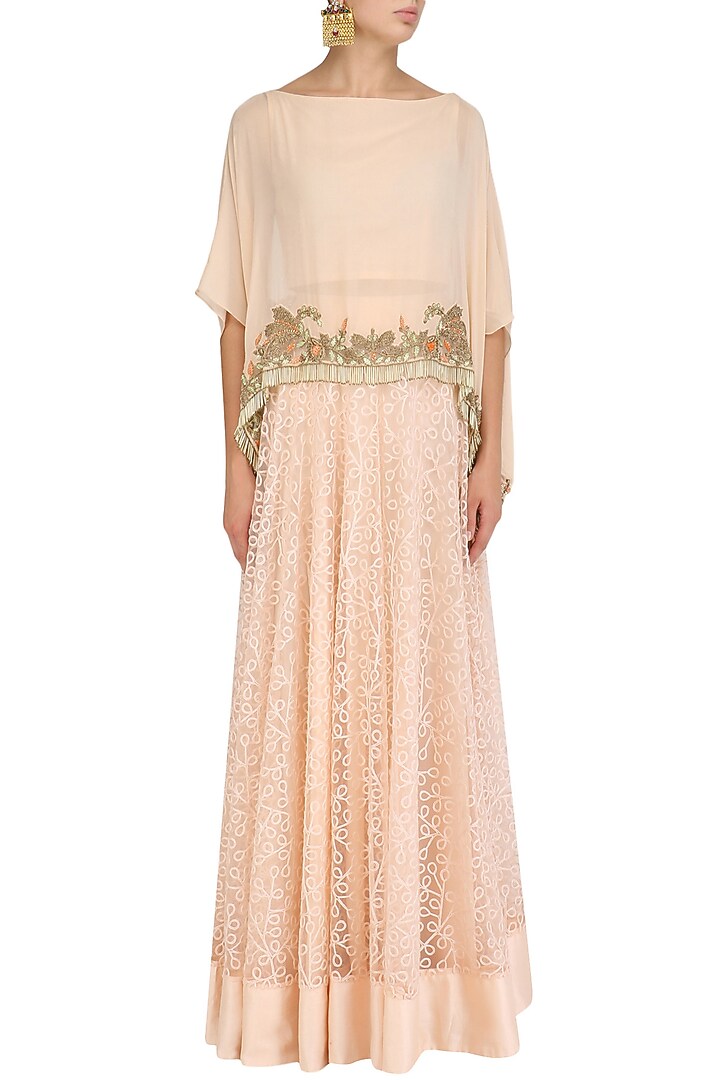 Peach floral embroidered cape and lehenga skirt set available only at Pernia's Pop Up Shop.
