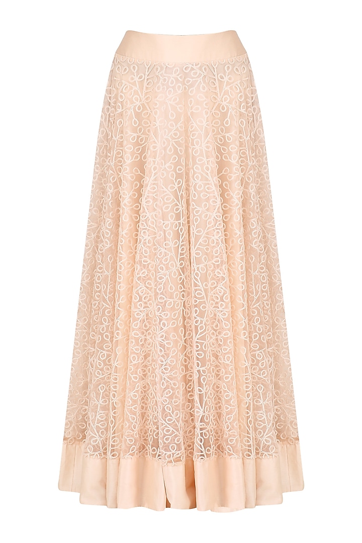 Peach floral embroidered cape and lehenga skirt set available only at Pernia's Pop Up Shop.