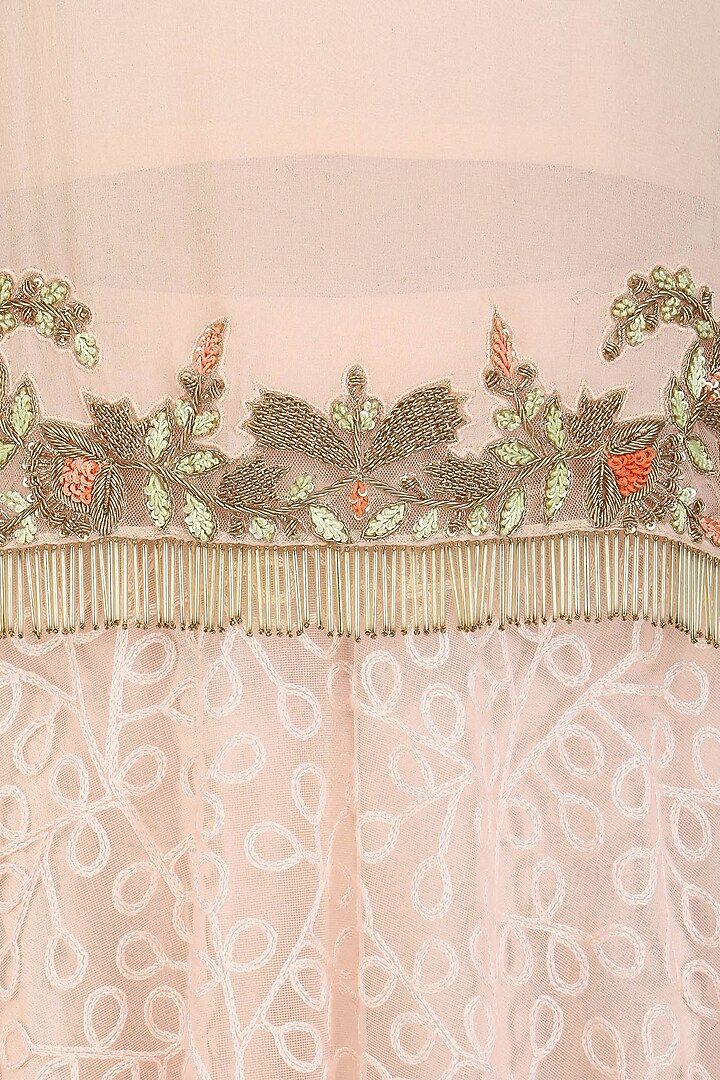 Peach floral embroidered cape and lehenga skirt set available only at Pernia's Pop Up Shop.