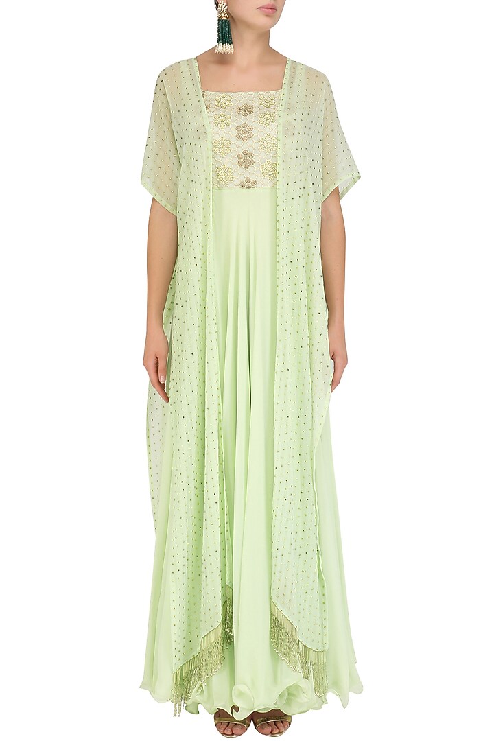 Mint green embroidered anarkali and cape set available only at Pernia's Pop Up Shop.