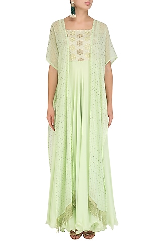Mint Green Embroidered Anarkali and Cape Set by J by Jannat