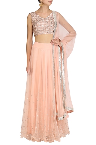 Pink Embroidered Blouse and Lehenga Skirt Set by J by Jannat