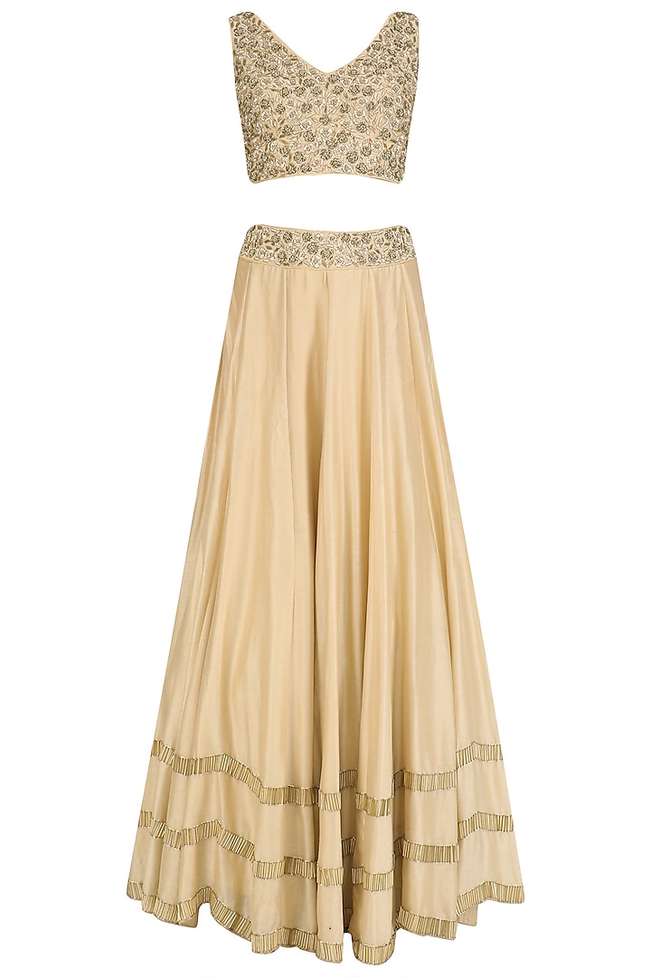 Gold Tasseled Blouse, Lehenga Skirt and Cape Set by J by Jannat