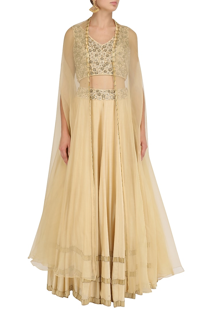 Gold tasseled blouse, lehenga skirt and cape set available only at Pernia's Pop Up Shop.