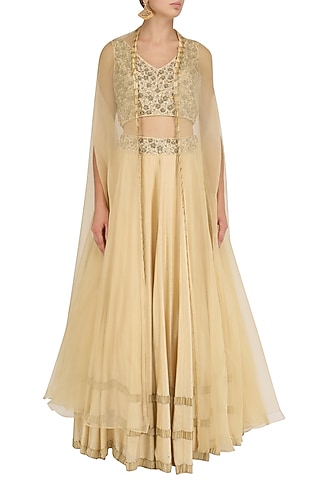 Gold Tasseled Blouse, Lehenga Skirt and Cape Set by J by Jannat