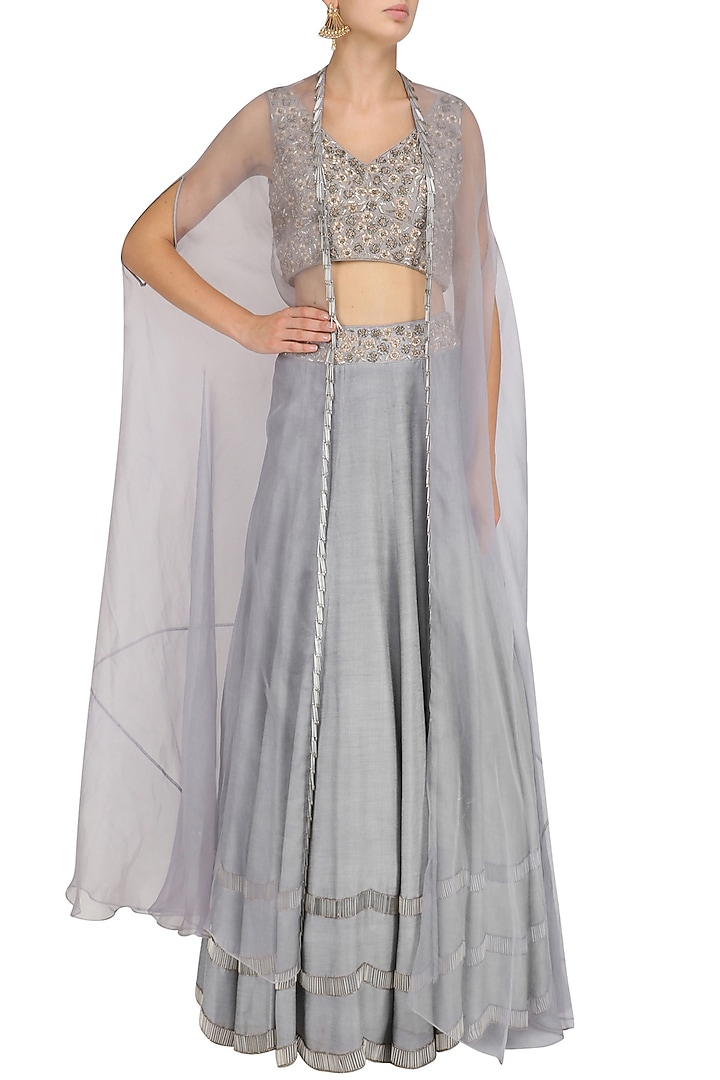 Grey tasseled blouse, lehenga skirt and cape set available only at Pernia's Pop Up Shop.