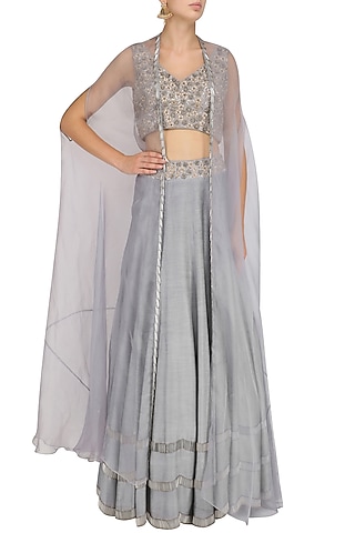 Grey Tasseled Blouse, Lehenga Skirt and Cape Set by J by Jannat