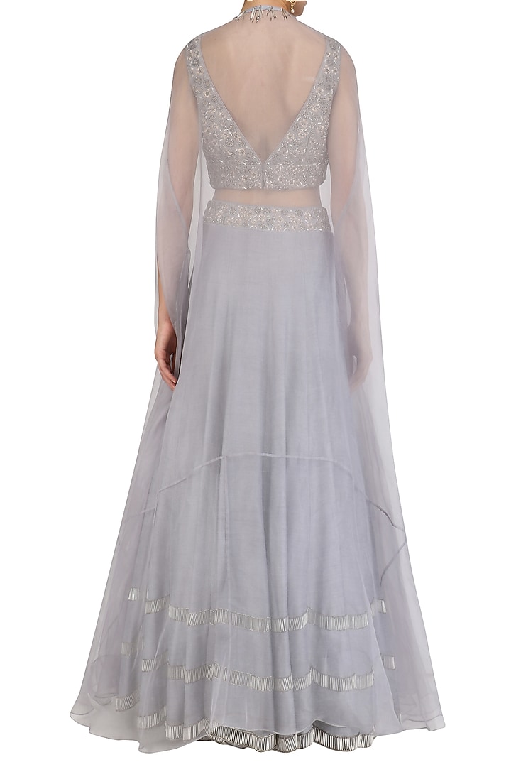 Grey tasseled blouse, lehenga skirt and cape set available only at Pernia's Pop Up Shop.