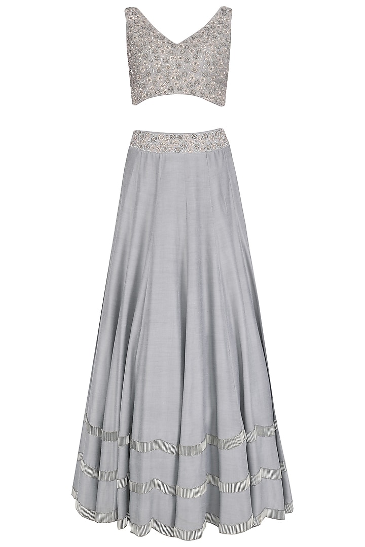 Grey tasseled blouse, lehenga skirt and cape set available only at Pernia's Pop Up Shop.
