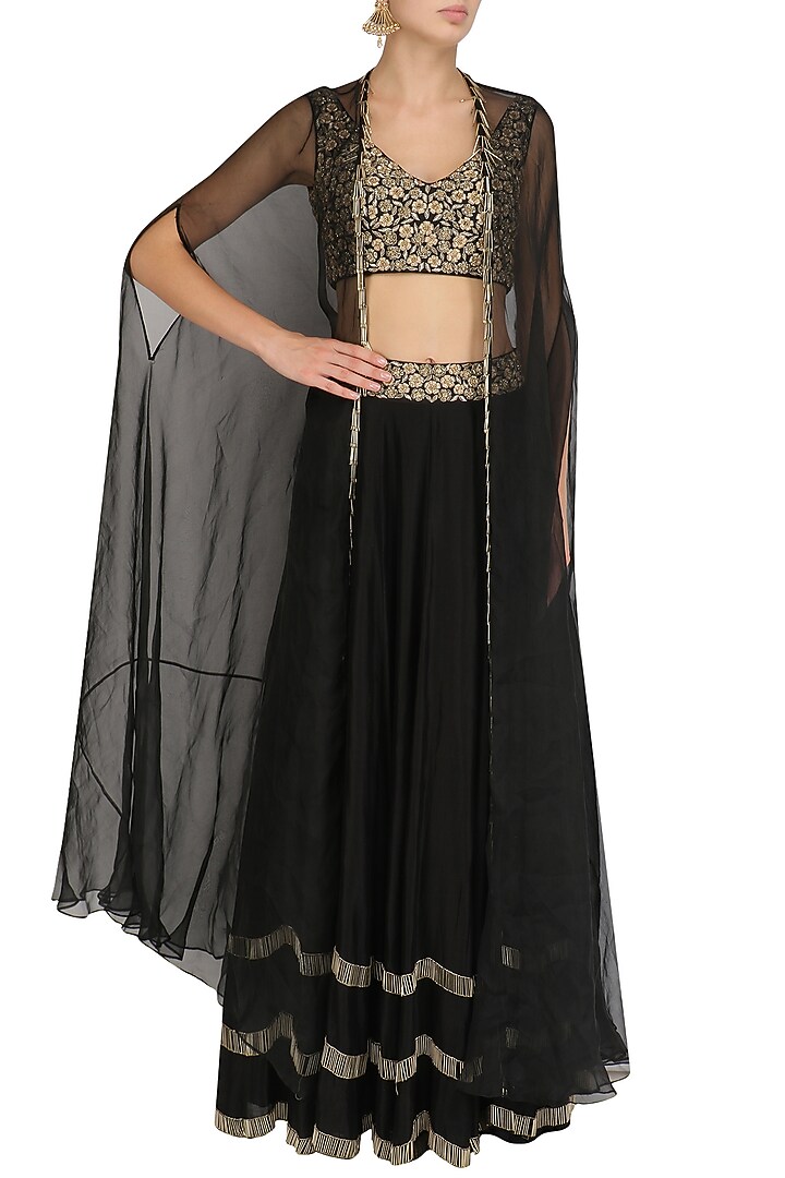 Black tasseled blouse, lehenga skirt and cape set available only at Pernia's Pop Up Shop.