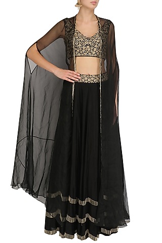 Black Tasseled Blouse, Lehenga Skirt and Cape Set by J by Jannat